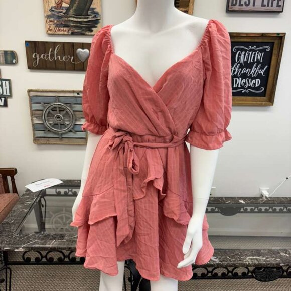 Dresses & Skirts - Pink Wrap Dress with Puff Sleeves & Layered Ruffle Hem – Feminine A‑Line Silhoue